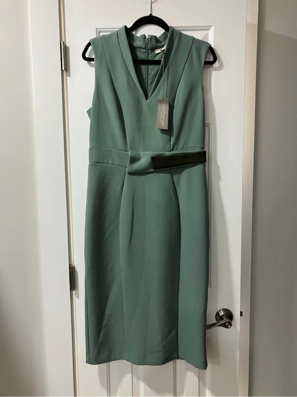 eva mendes for New York & Company Sleeveless V-Neck Sheath Dress in Sage Green